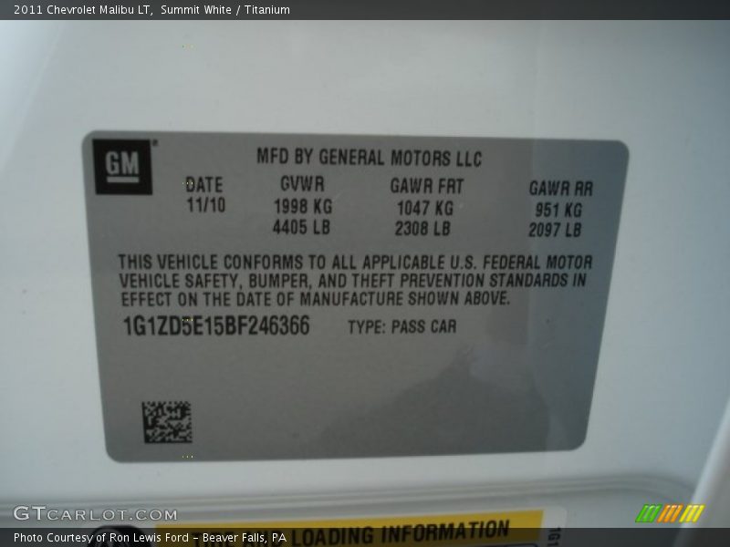 Summit White / Titanium 2011 Chevrolet Malibu LT
