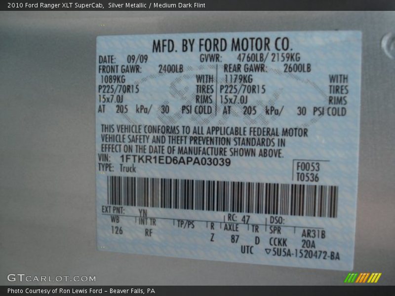 Silver Metallic / Medium Dark Flint 2010 Ford Ranger XLT SuperCab