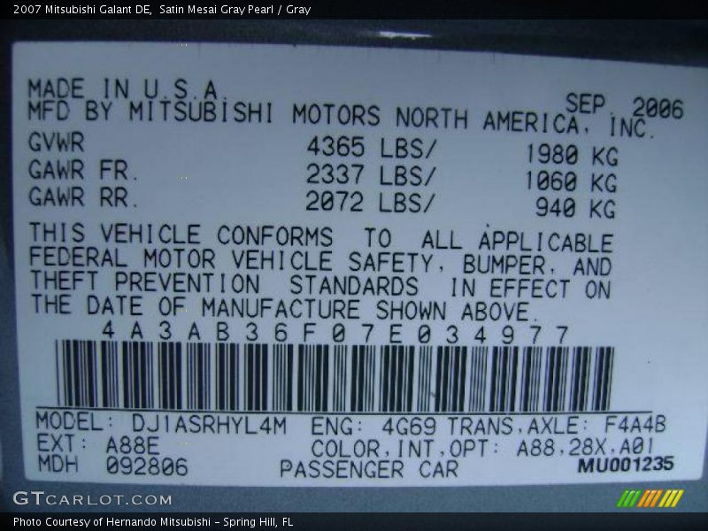 Satin Mesai Gray Pearl / Gray 2007 Mitsubishi Galant DE