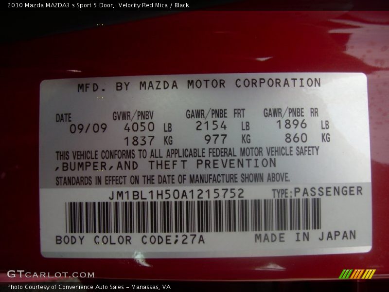 Velocity Red Mica / Black 2010 Mazda MAZDA3 s Sport 5 Door