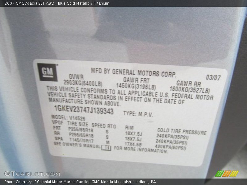 Blue Gold Metallic / Titanium 2007 GMC Acadia SLT AWD