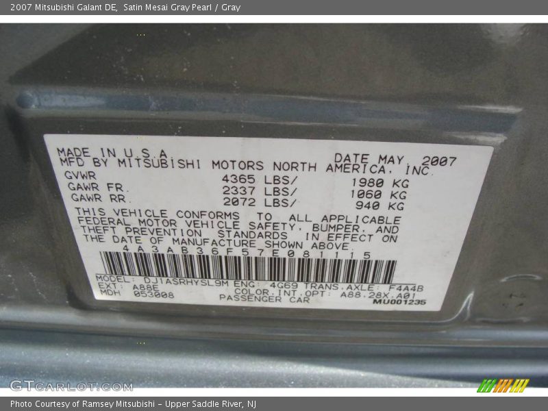 Satin Mesai Gray Pearl / Gray 2007 Mitsubishi Galant DE