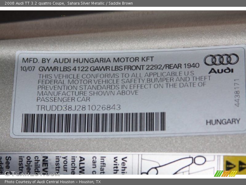 Sahara Silver Metallic / Saddle Brown 2008 Audi TT 3.2 quattro Coupe