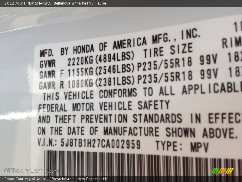 Bellanova White Pearl / Taupe 2012 Acura RDX SH-AWD