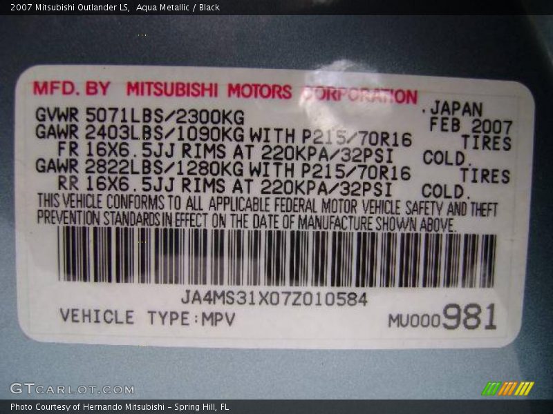 Aqua Metallic / Black 2007 Mitsubishi Outlander LS