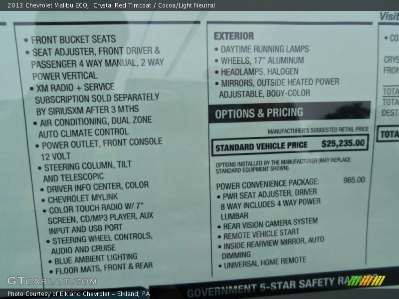  2013 Malibu ECO Window Sticker