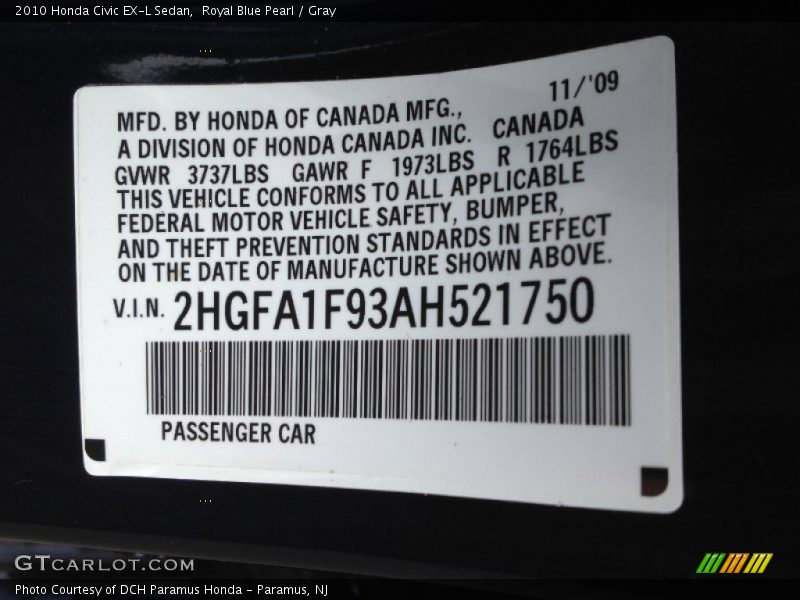 Royal Blue Pearl / Gray 2010 Honda Civic EX-L Sedan