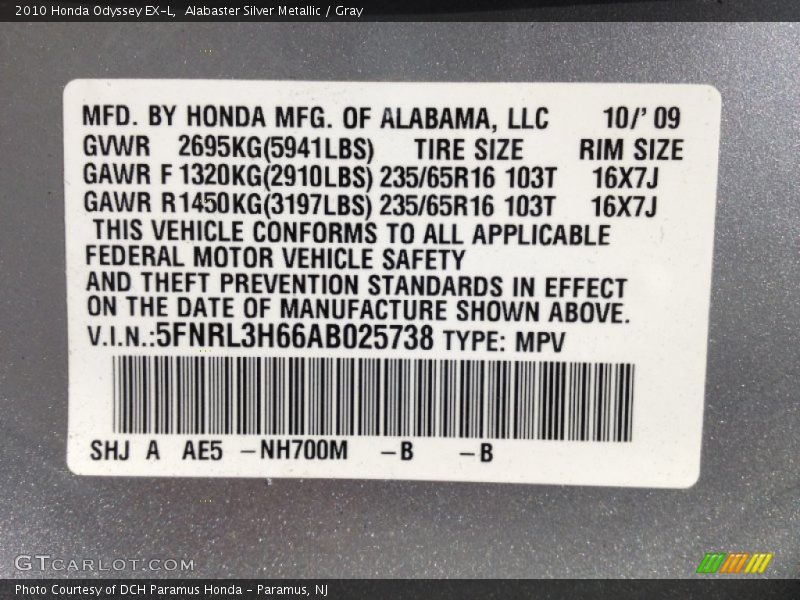 Alabaster Silver Metallic / Gray 2010 Honda Odyssey EX-L