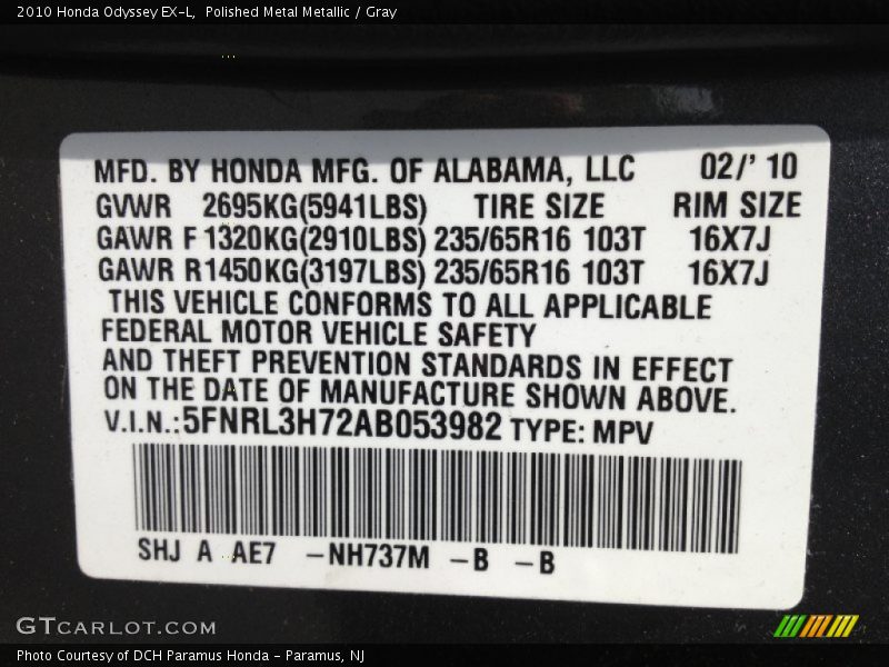 Polished Metal Metallic / Gray 2010 Honda Odyssey EX-L