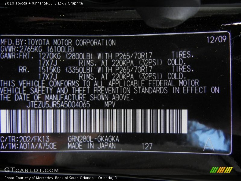 Black / Graphite 2010 Toyota 4Runner SR5