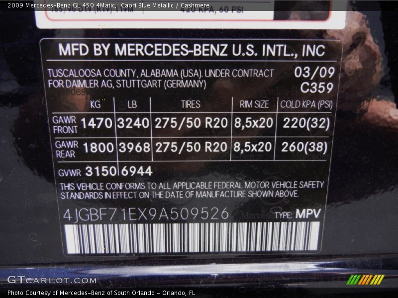 Capri Blue Metallic / Cashmere 2009 Mercedes-Benz GL 450 4Matic