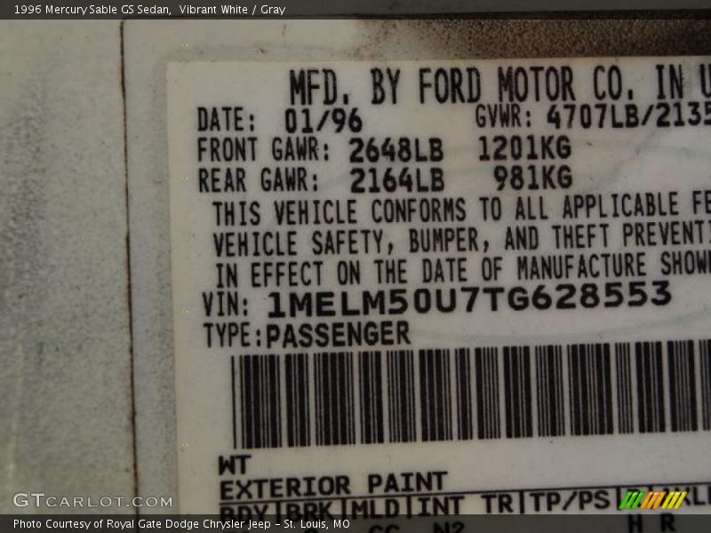 Vibrant White / Gray 1996 Mercury Sable GS Sedan