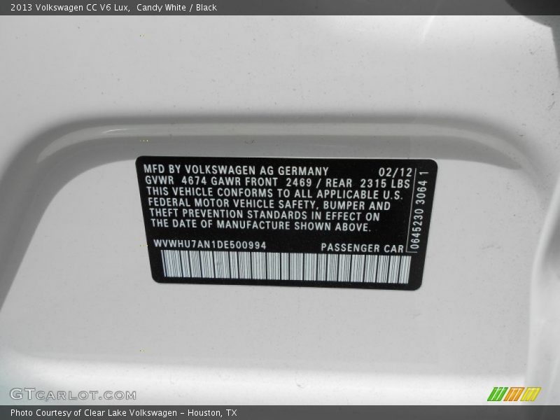 Candy White / Black 2013 Volkswagen CC V6 Lux