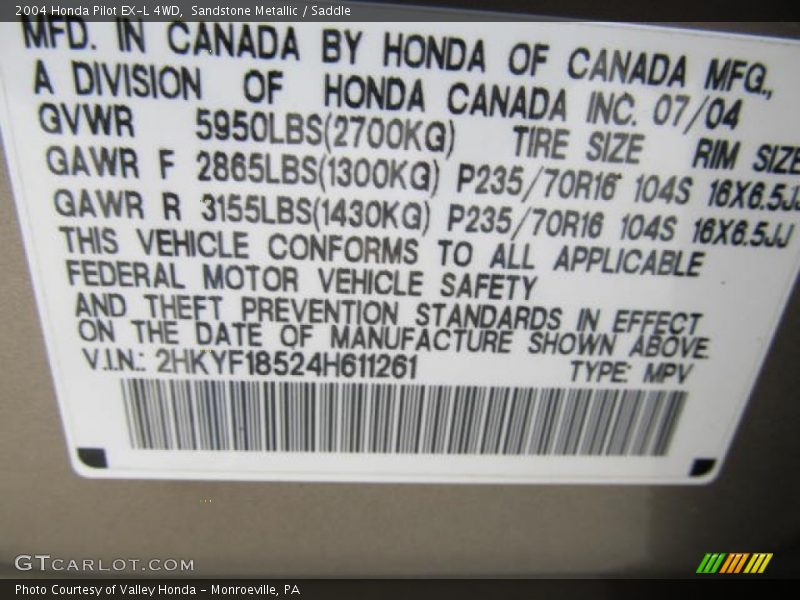 Sandstone Metallic / Saddle 2004 Honda Pilot EX-L 4WD