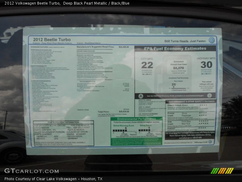 Deep Black Pearl Metallic / Black/Blue 2012 Volkswagen Beetle Turbo