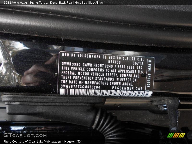 Deep Black Pearl Metallic / Black/Blue 2012 Volkswagen Beetle Turbo