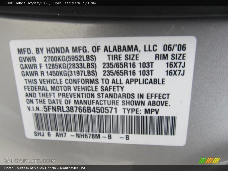 Silver Pearl Metallic / Gray 2006 Honda Odyssey EX-L