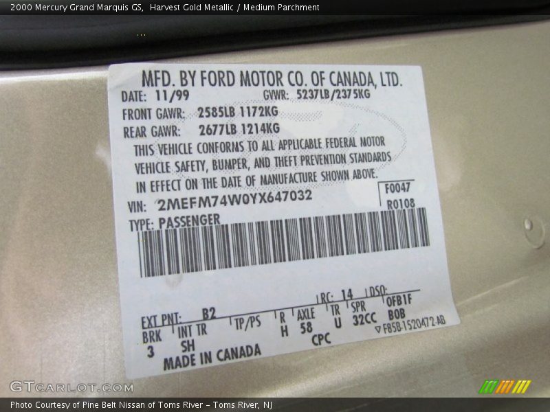Harvest Gold Metallic / Medium Parchment 2000 Mercury Grand Marquis GS