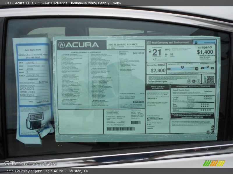 Bellanova White Pearl / Ebony 2012 Acura TL 3.7 SH-AWD Advance
