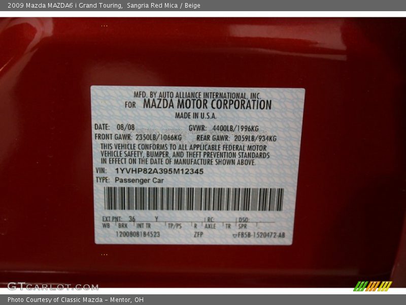 2009 MAZDA6 i Grand Touring Sangria Red Mica Color Code 36Y