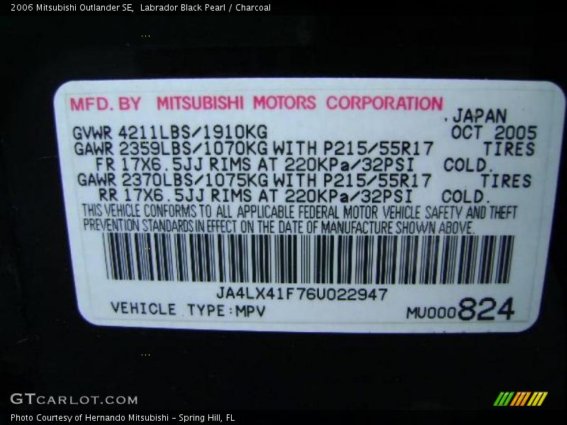 Labrador Black Pearl / Charcoal 2006 Mitsubishi Outlander SE