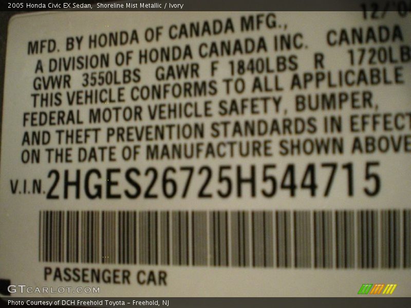 Shoreline Mist Metallic / Ivory 2005 Honda Civic EX Sedan
