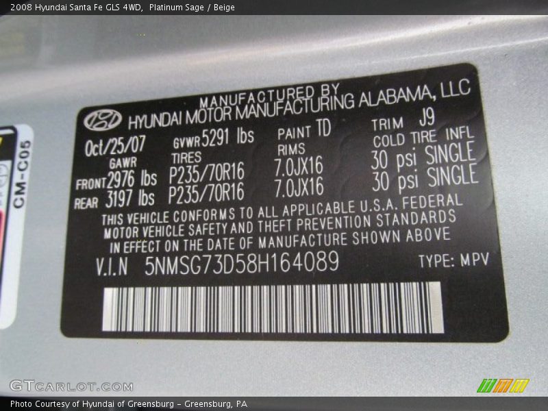 Platinum Sage / Beige 2008 Hyundai Santa Fe GLS 4WD
