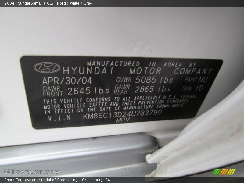 2004 Santa Fe GLS Nordic White Color Code NU
