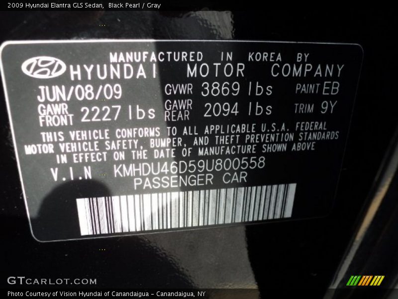 Black Pearl / Gray 2009 Hyundai Elantra GLS Sedan
