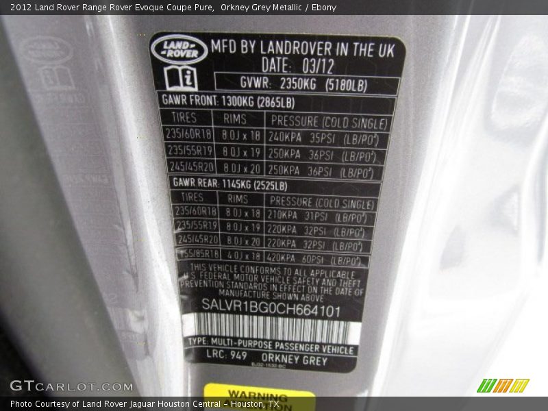 2012 Range Rover Evoque Coupe Pure Orkney Grey Metallic Color Code 949