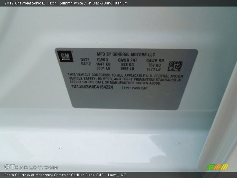 Summit White / Jet Black/Dark Titanium 2012 Chevrolet Sonic LS Hatch
