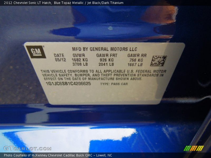 Blue Topaz Metallic / Jet Black/Dark Titanium 2012 Chevrolet Sonic LT Hatch