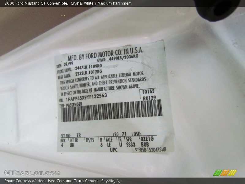 2000 Mustang GT Convertible Crystal White Color Code ZR