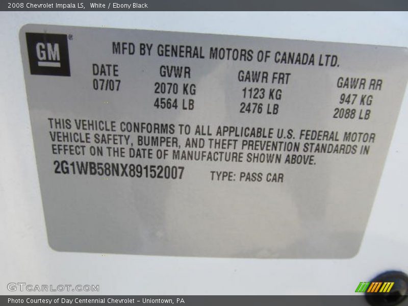 White / Ebony Black 2008 Chevrolet Impala LS