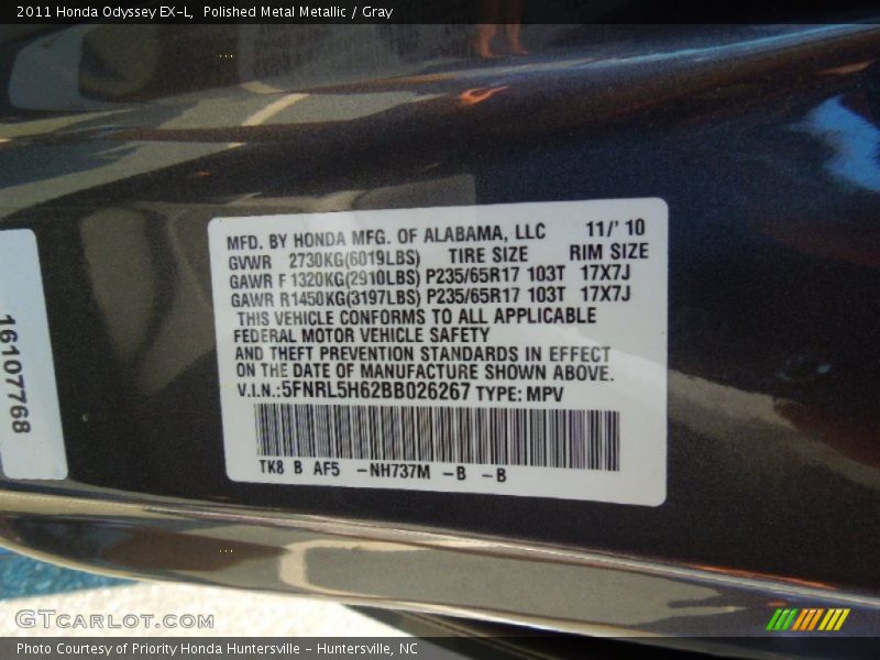 Polished Metal Metallic / Gray 2011 Honda Odyssey EX-L