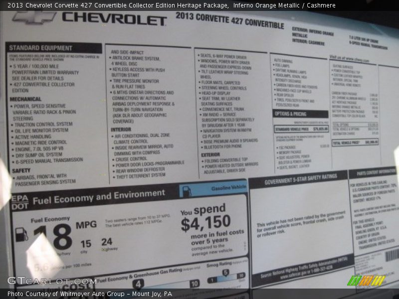  2013 Corvette 427 Convertible Collector Edition Heritage Package Window Sticker