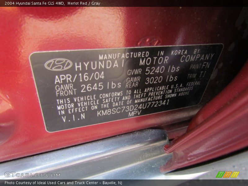 2004 Santa Fe GLS 4WD Merlot Red Color Code FN