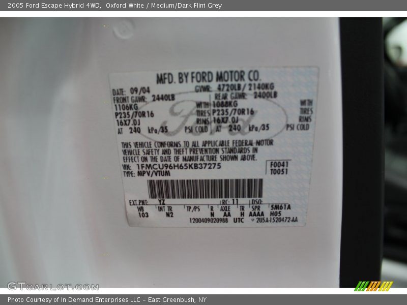 2005 Escape Hybrid 4WD Oxford White Color Code YZ
