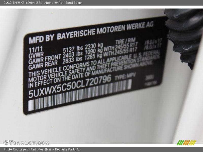 Alpine White / Sand Beige 2012 BMW X3 xDrive 28i