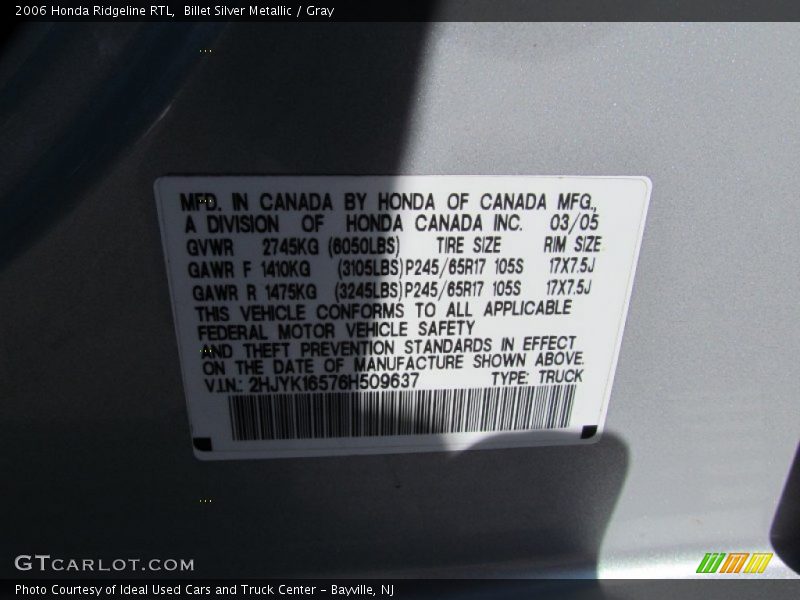 Billet Silver Metallic / Gray 2006 Honda Ridgeline RTL