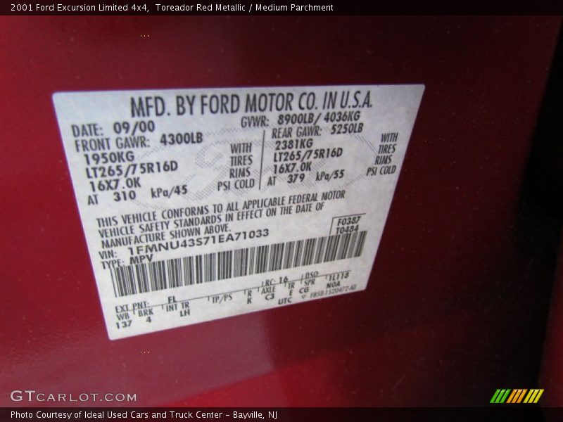 2001 Excursion Limited 4x4 Toreador Red Metallic Color Code FL