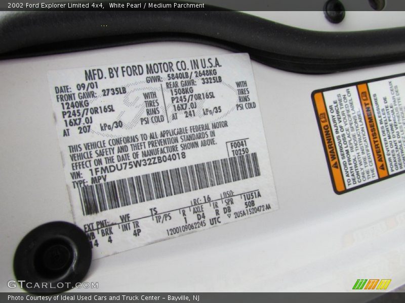 2002 Explorer Limited 4x4 White Pearl Color Code WF