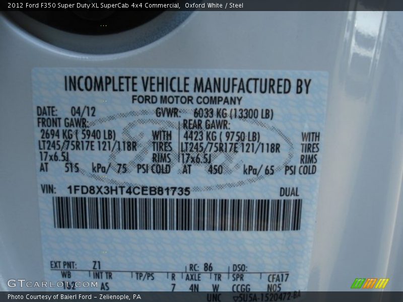 2012 F350 Super Duty XL SuperCab 4x4 Commercial Oxford White Color Code Z1