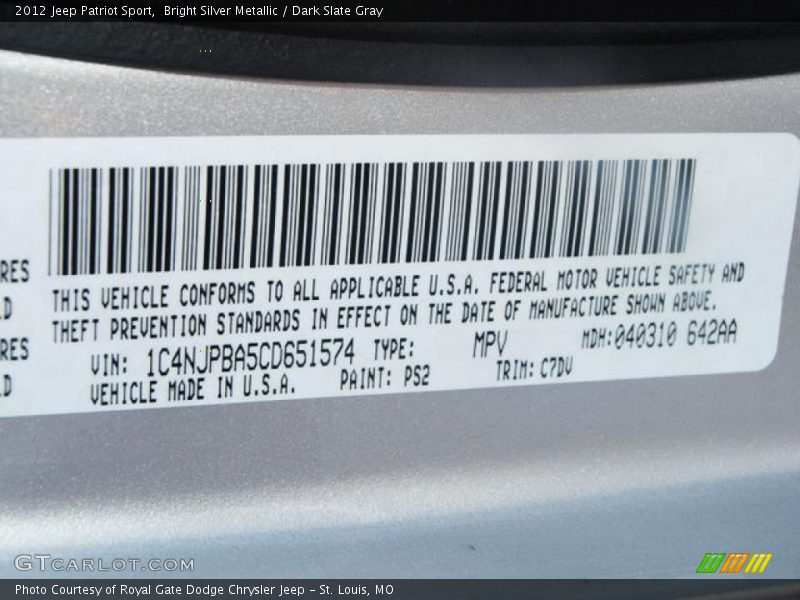 Bright Silver Metallic / Dark Slate Gray 2012 Jeep Patriot Sport