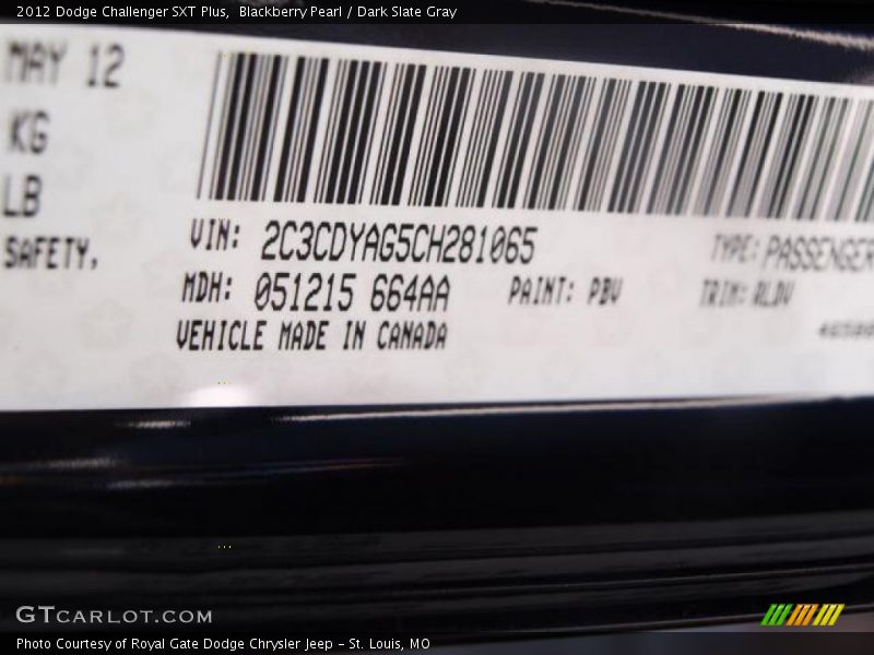 Blackberry Pearl / Dark Slate Gray 2012 Dodge Challenger SXT Plus