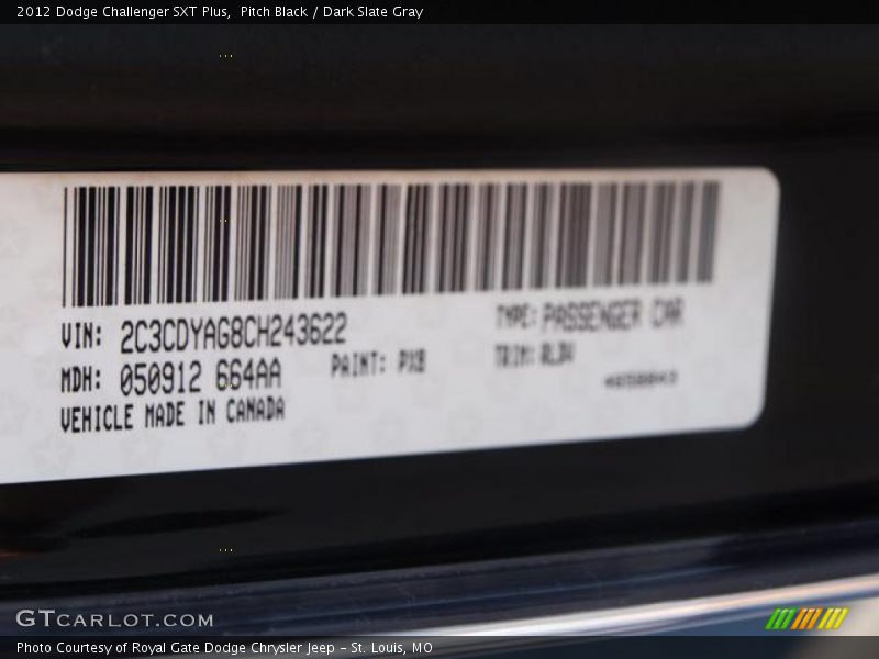 Pitch Black / Dark Slate Gray 2012 Dodge Challenger SXT Plus