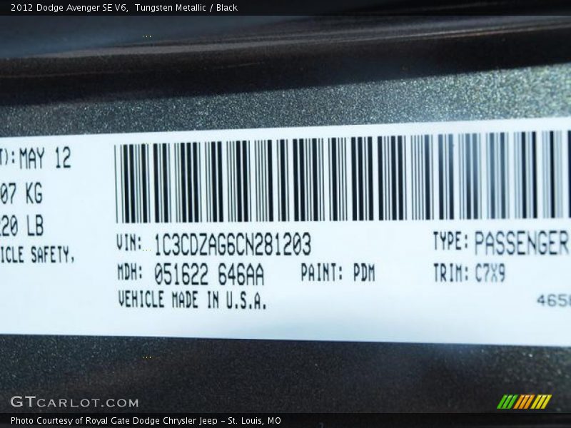 Tungsten Metallic / Black 2012 Dodge Avenger SE V6