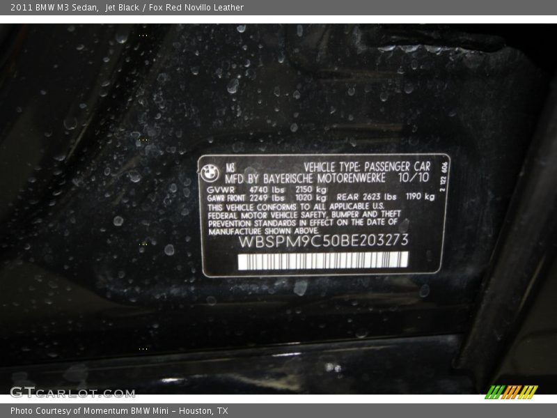 Jet Black / Fox Red Novillo Leather 2011 BMW M3 Sedan