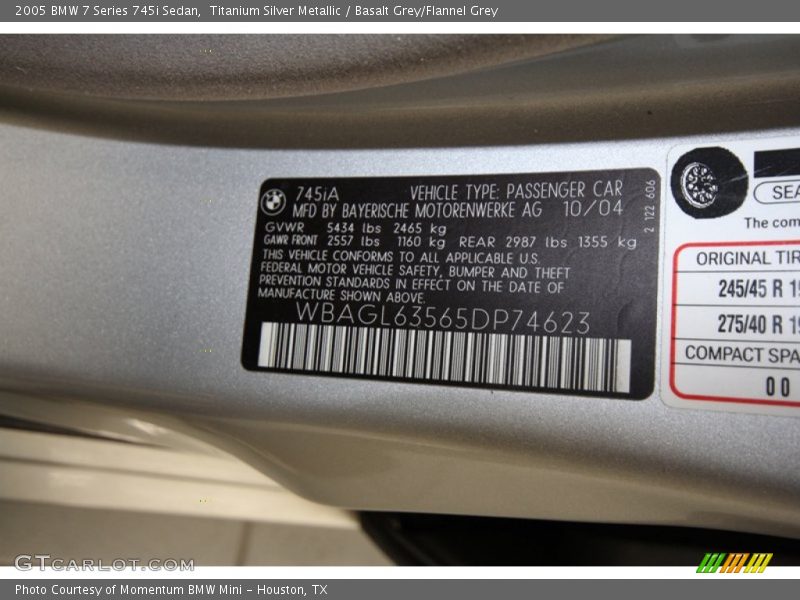 Titanium Silver Metallic / Basalt Grey/Flannel Grey 2005 BMW 7 Series 745i Sedan