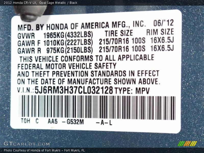 2012 CR-V LX Opal Sage Metallic Color Code G532M